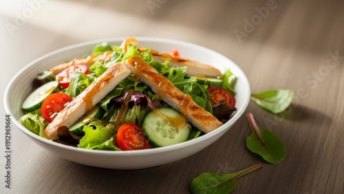 Delicious Grilled Chicken Salad with Fresh Vegetables and Dressing in a Bowl