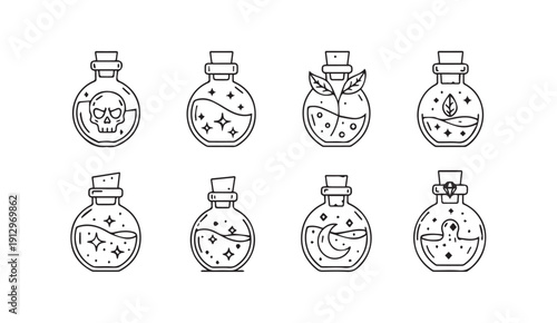 Witch Potion Bottles Icons Set Skull Stars Moon Leaves Gemstone Magic Elixir - Stock