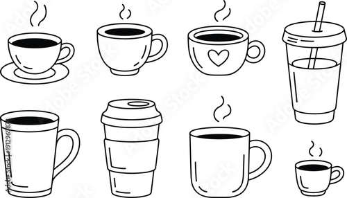 Coffee cup doodle collection isolated on white background, hand drawn hot drink vector set for cafe design, beverage illustration bundle