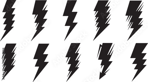 Black lightning bolts on white background graphic design elements