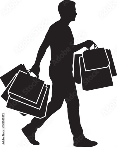 black glyph of a shopper walking with multiple shopping bags in both hands