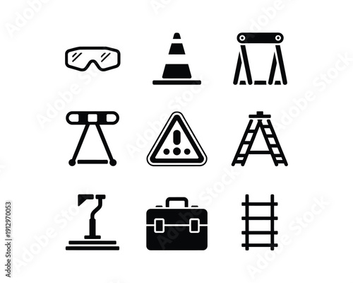 construction, site equipment, safety helmet, protective gloves, boots, safety goggles, hearing protection, Traffic cone, Construction barrier, Warning sign, Tool box, silhouette vector design set