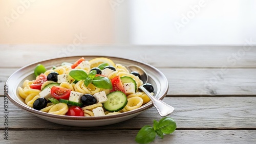 Fresh Greek Pasta Salad with Feta Cheese, Olives, and Tomatoes