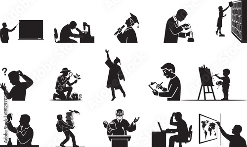 silhouette set of education science and discovery, teaching, degree, graduation, writing, lecture, library, experiment, biology