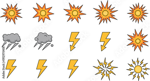 Flat Vector Illustrations of Sun, Storm Clouds with Rain, Lightning Bolts, and Explosive Starbursts