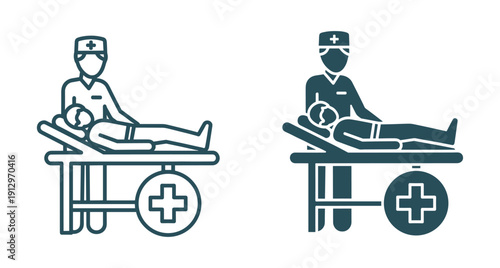 Professional healthcare worker examining patient lying on hospital bed with medical symbol