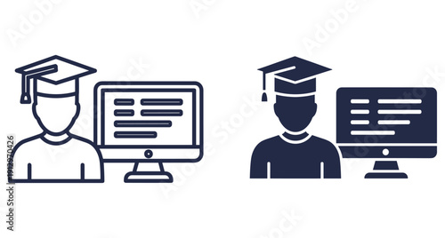Digital learning icons featuring graduate student and desktop computer for web design