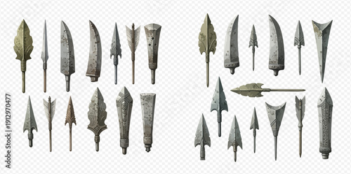 Set of ancient arrowheads and spearheads, various shapes and sizes, isolated on transparent background.