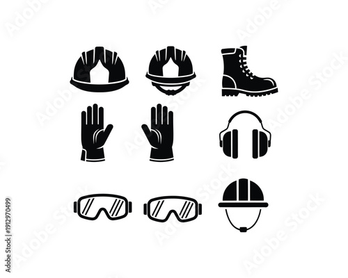 construction, site equipment, safety helmet, protective gloves, boots, safety goggles, hearing protection, Traffic cone, Construction barrier, Warning sign, Tool box, silhouette vector design set