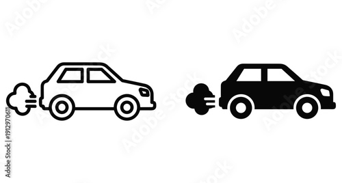 Black and white car icons with smoke clouds representing environmental air pollution