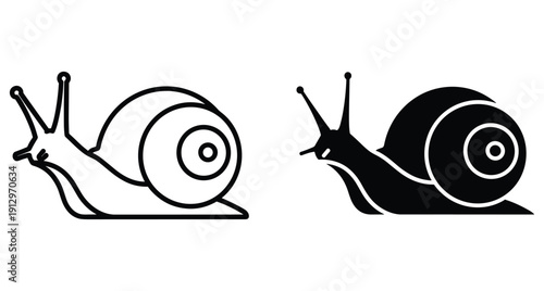 Minimalist snail vector icons featuring outline and solid silhouette styles for graphics