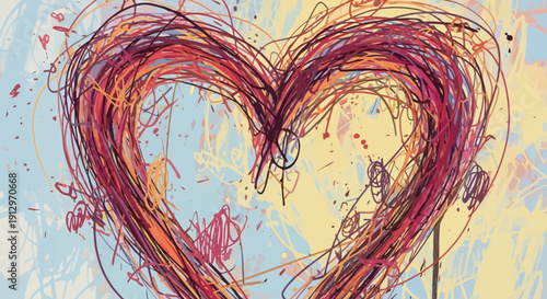 Abstract heart artwork vibrant scribble design on a textured background