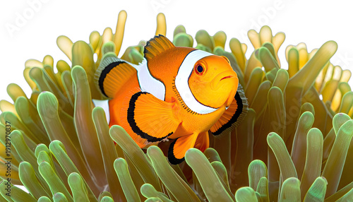 Vibrant Clownfish Nuzzling Amidst the Tentacles of its Anemone Home Against a Dark Background