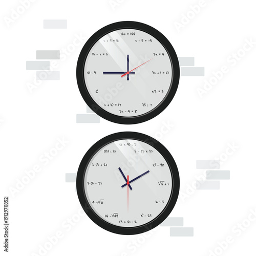 Vector of creative mathematics wall clock illustration featuring algebraic equations and mathematical expressions replacing traditional numbers