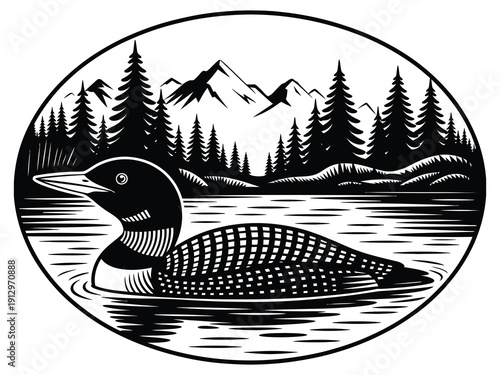 Bild auf Leinwand Majestic loon on mountain lake black and white illustration, detailed vector art