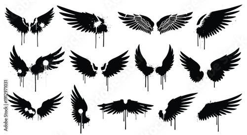 Black Ink Wing Silhouettes Set with Graffiti Drip Effect and Grunge Stencil Aesthetic for Dark Graphic Design and Urban Tattoo Art