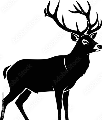 Bold black vector silhouette of a majestic stag with large antlers, depicted in a standing profile pose, ideal for branding or wildlife illustration. isolated PNG with Transparent Background