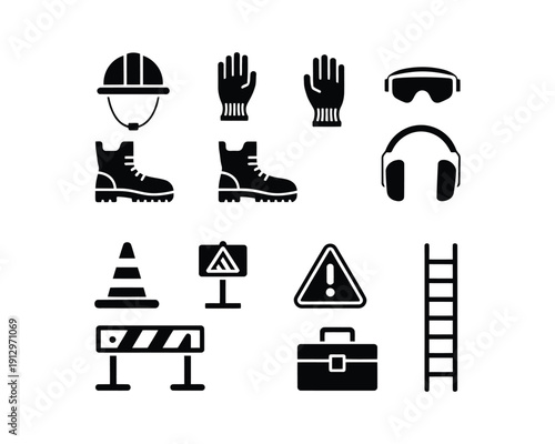 construction, site equipment, safety helmet, protective gloves, boots, safety goggles, hearing protection, Traffic cone, Construction barrier, Warning sign, Tool box, silhouette vector design set