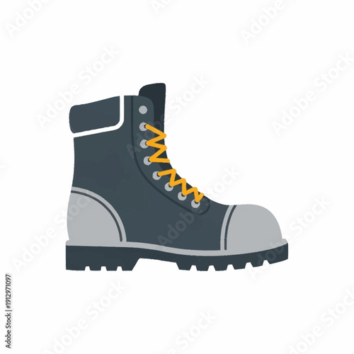 Single work boot with yellow laces and grey accents.