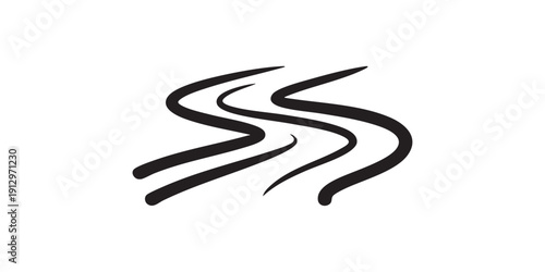 Black and white flat vector icon of a calm river flow, minimal outline style, single centered composition, clean design, isolated on white background.