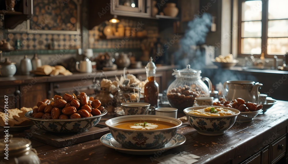 Fototapeta premium Rustic Kitchen Scene with Steaming Food and Abundant Harvest.