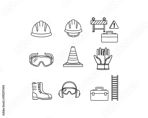 construction, site equipment, safety helmet, protective gloves, boots, safety goggles, hearing protection, Traffic cone, Construction barrier, Warning sign, Tool box, silhouette vector design set