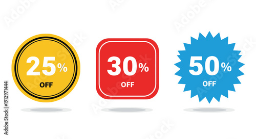 Special Offer 25% 30% 50% Off Promotion Label in yellow Red blue Color