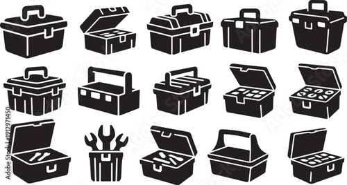 Collection of black toolboxes and equipment icons on white