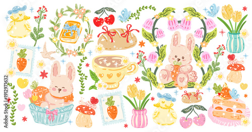 Cute Easter Bunny with Spring Flowers and Pastel Egg Decoration, Pastel Spring Garden Scene with Easter Eggs and Blossoming Florals, Easter Holiday Background with Tulips, Daisies and Decorative Eggs