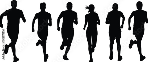 Running people silhouette collection isolated on white background, male and female jogging pose vector set for fitness lifestyle design illustration bundle