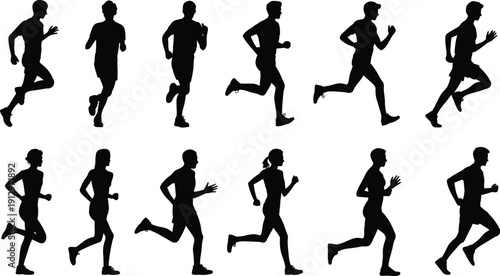Running people silhouettes collection isolated on white background, active men and women jogging set, fitness motion concept, marathon training and healthy lifestyle illustration