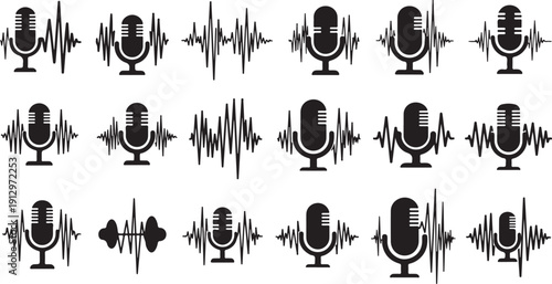 Microphone icons and sound waves on white background pattern