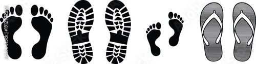Minimalist Black Icons of Bare Feet, Boot Prints, and Flip-Flops