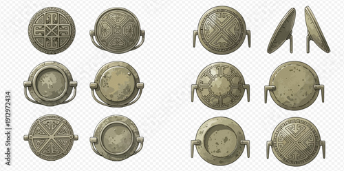 Set of ancient round shields with various patterns and textures, isolated on a transparent background.