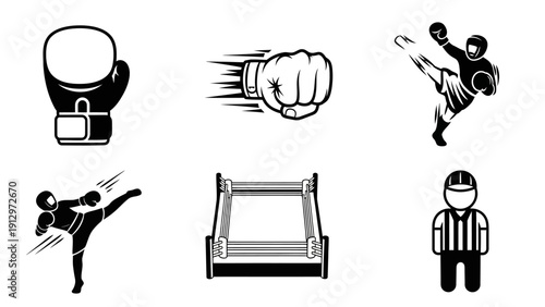 Boxing Icons Featuring Punching Bag and Referee.