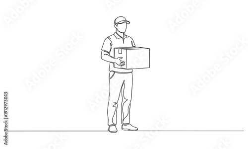Delivery man holding cardboard box in continuous one line drawing. Drawing of delivery man standing with parcel post