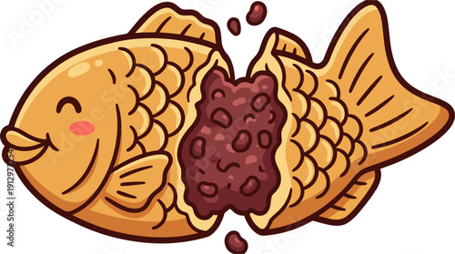 A charming illustration of a golden brown fish-shaped pastry, split open to reveal a generous filling of sweet red bean paste. This cute cartoon treat is isolated on a white background.