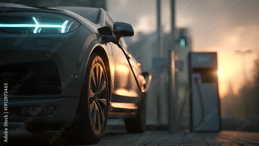 Fototapeta premium EV Charging in Clean Modern City Setting, Sustainable Transportation Concept, 4K