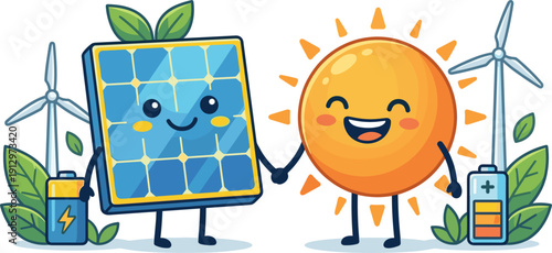 A charming illustration featuring a happy solar panel and sun character holding hands, surrounded by a wind turbine, battery, and green leaves on a white background.
