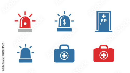 Emergency medical icons set with siren, ER door, and first aid kits.
