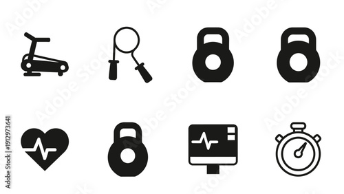 Fitness icons set with exercise equipment symbols.
