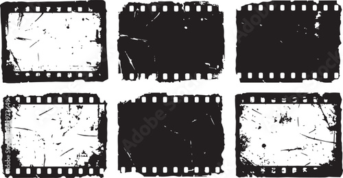 Set of grunge 35mm film strip frames. Vector distressed black movie photo borders with scratches and dust texture.