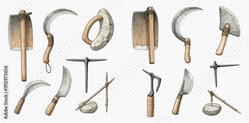 Set of various traditional farming and gardening tools, hand-drawn watercolor illustration on transparent background.