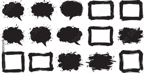 Set of grunge ink speech bubbles and splatter frames. Vector black dirty paint brush borders and comic dialog balloons.