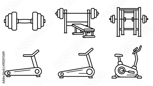Gym Equipment Exercise Machines Fitness Icons.