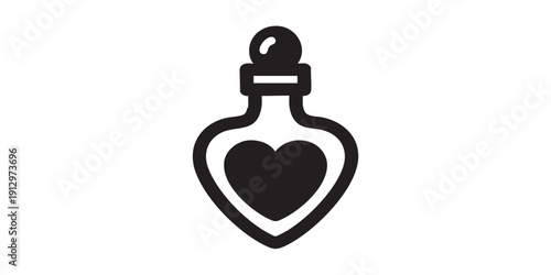Black and white flat vector icon of a love potion bottle, minimal outline style, single centered composition, isolated on white background, clean design.