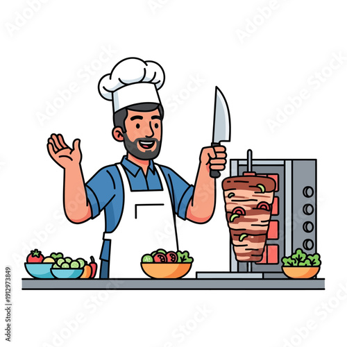 Happy Chef Carving Doner Kebab from Vertical Rotisserie Machine
