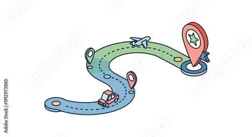 Winding Road with Vehicle and Map Pin.