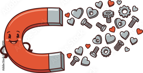 A happy cartoon horseshoe magnet with a face is attracting small hearts gears bolts and screws against a white background. The magnet is red with grey ends and has a smiling expression.