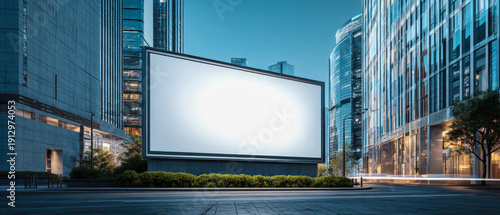 Large Blank Billboard Above Busy Urban Street Between Modern City Buildings at Night